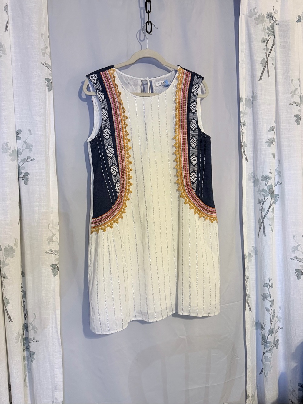 THML Ivory Sleeveless Mini Dress with Navy Embroidered Panels and Orange Trim